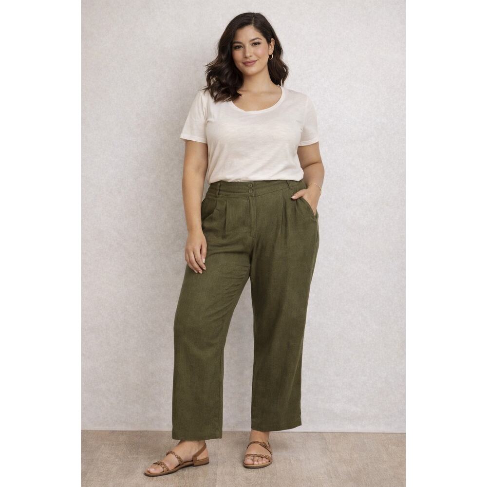 NWT ICY‎ Fashion Olive Green Linen Blend Pleated Straight Leg Pant Women 1XL